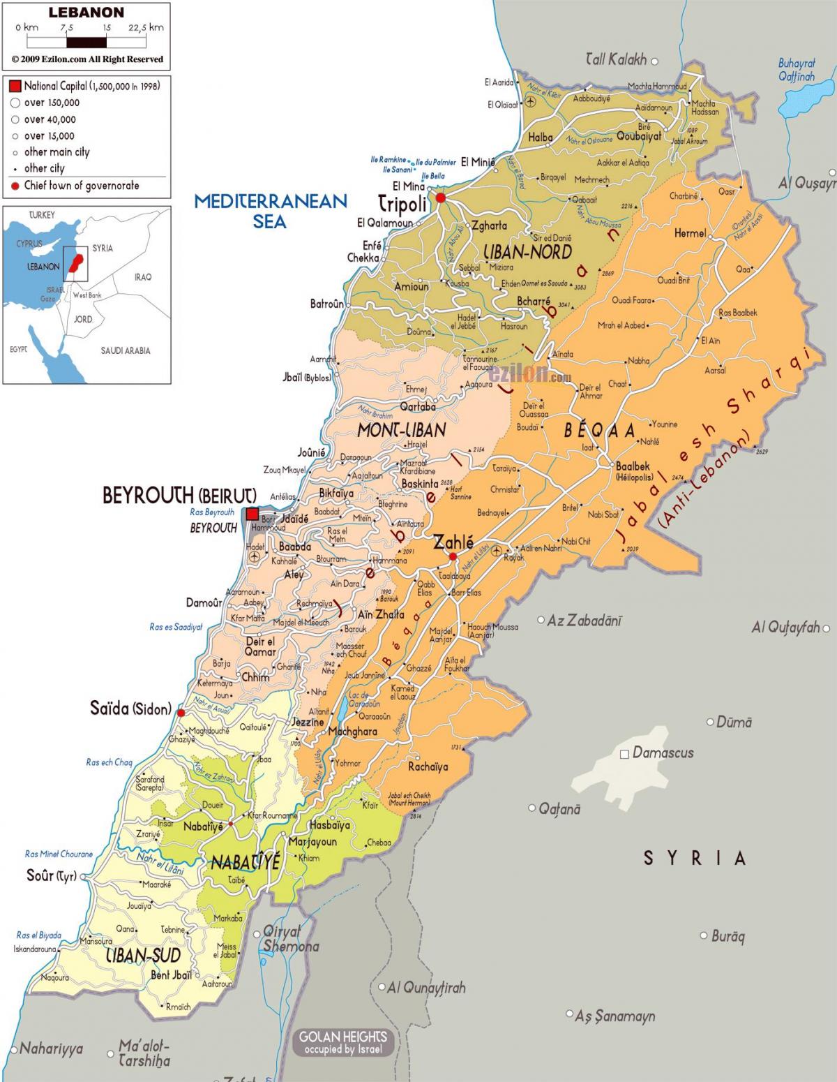 Lebanon peta terperinci